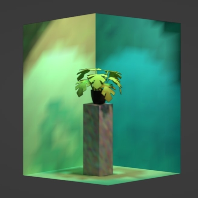 a simple scene with a plant on a pedestal that have used the vertex bake technique